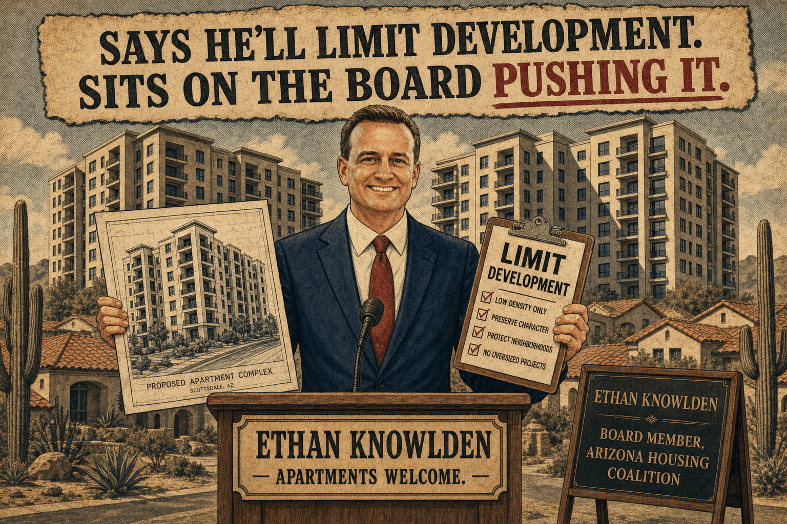 Tells voters “limit development.” Serves on Arizona's largest housing-advocacy board.